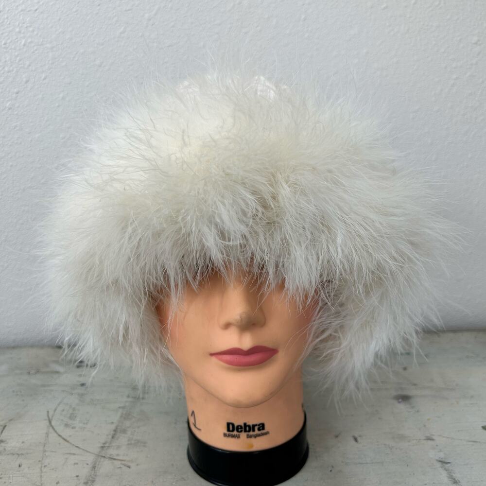 Vintage Chunky Knit Beanie Hat Feather Trim Y2K Winter Snow Bunny ski white - Picture 3 of 16